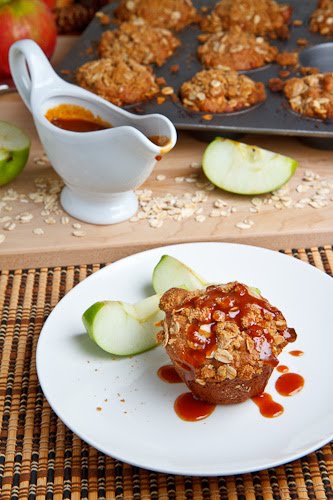 Apple Cheesecake Muffins with Streusel Topping and Caramel Sauce