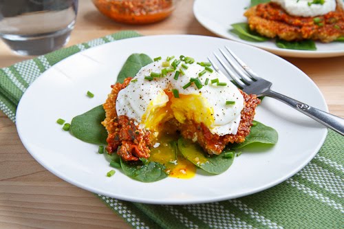 Quinoa Cakes with Roasted Red Pepper and Walnut Pesto, Goat Cheese and a Poached Egg