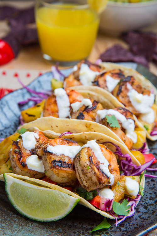 Jerk Shrimp Tacos with Pineapple Salsa, Slaw and Pina Colada Crema