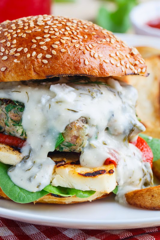 Spinach and Feta Chicken Burgers (aka Spanakopita Burgers) with Grilled Halloumi, Roasted Red Peppers and a Spinach and Feta Sauce