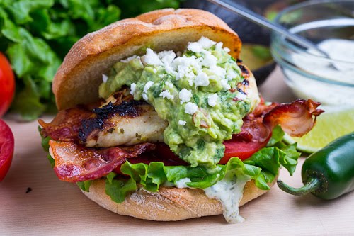 Tequila Lime Grilled Chicken Club Sandwich with Guacamole and Roasted Jalapeno Mayo