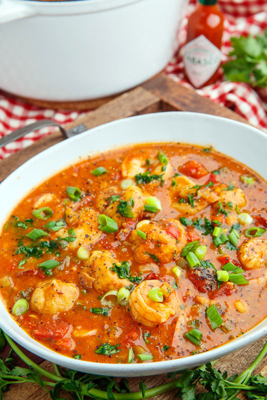 Shrimp Creole Soup with Bacon and Cheddar Dumplings