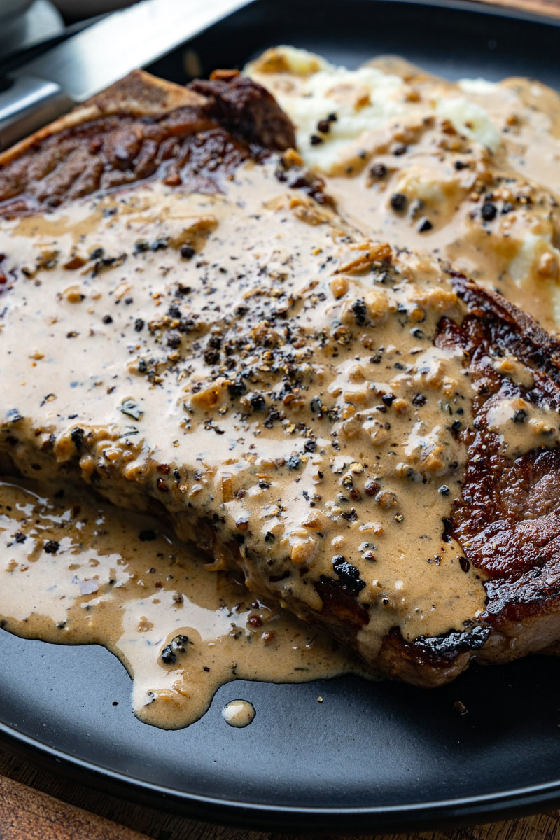 Pan Seared Steak in Creamy Peppercorn Sauce - Closet Cooking
