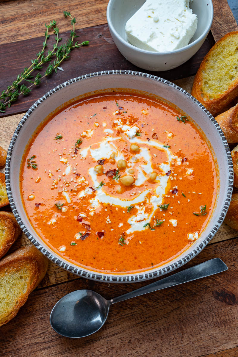 Creamy Roasted Red Pepper Chickpea Soup With Tahini And Feta Closet Cooking A Chickpea And